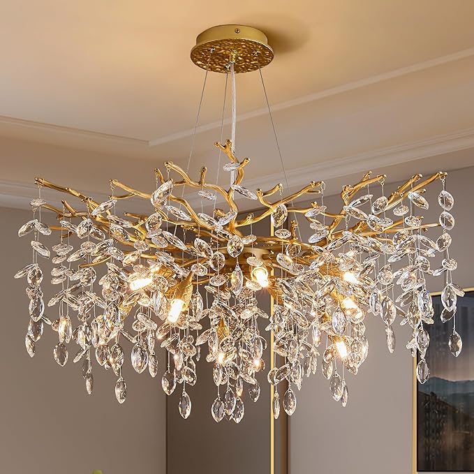 Modern Tree Branch Crystal Chandelier Luxury Gold Crystal Pendant Lighting 30" Contemporary 10-Light Chandeliers for Dining Room Kitchen Bedroom Living Room