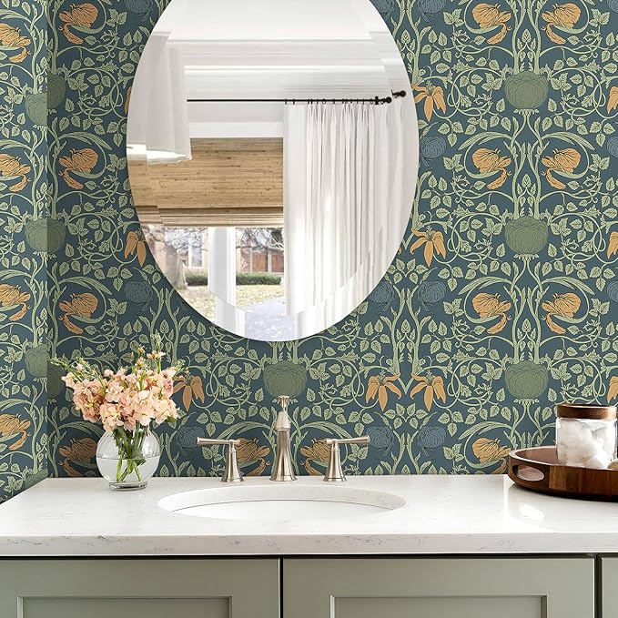 Livelynine 17.5x276 Dark Teal Floral Peel and Stick Wallpaper Vintage Brown Floral Navy Blue Green Flower Wall Paper Renter Friendly Retro Victorian William Morris Removable Contact Paper for Walls