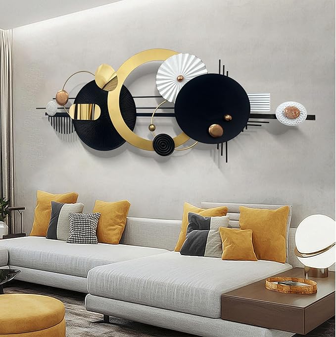 Large Modern Abstract Metal Wall Art, Black and Gold Geometric Circles Wall Decoration, Contemporary Home Decor,59 × 24 inches Wall Art for Living Room/Dinning Room/Bedroom/Entryway/Kitchen/Office