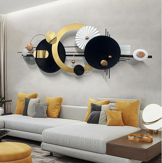 Large Modern Abstract Metal Wall Art, Black and Gold Geometric Circles Wall Decoration, Contemporary Home Decor,59 × 24 inches Wall Art for Living Room/Dinning Room/Bedroom/Entryway/Kitchen/Office