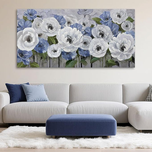 Mofutinpo Large Canvas Wall Art for Living Room, Blue and White Textured Floral Wall Art, Flower Wall Pictures and Paintings, Nature and Landscape Artwork, Bedroom Wall Decor