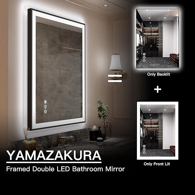 LED Bathroom Mirror 36x30 with Backlit and Front Lighted, Framed Dimmable Illuminated Mirror for Wall Anti-Fog Shatterproof (Horizontal/Vertical)