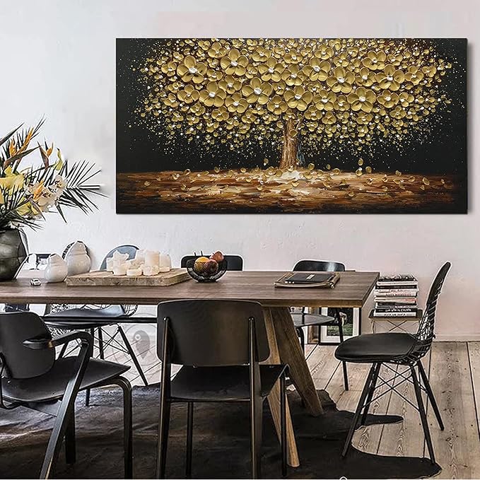 Art8YuQi Paintings - Contemporary Abstract Art Oil Painting On Canvas Texture 3D Golden Tree Gary Painting Handmade Artwork Picture Canvas Wall Art Modern Home Decor living room Ready to Hang