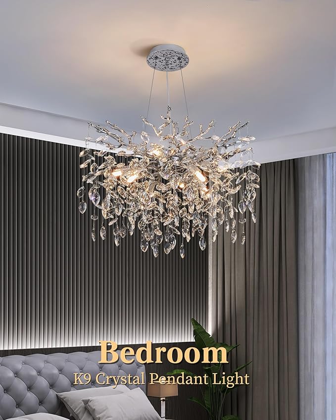 Modern Tree Branch Crystal Chandelier Luxury Silver Crystal Pendant Lighting 23.6" Contemporary 8-Light Chandeliers for Dining Room Kitchen Bedroom Living Room
