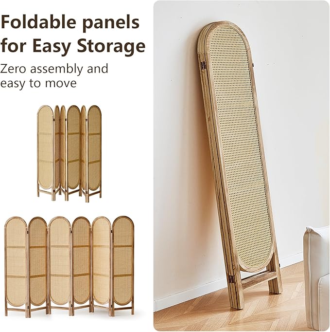 6 Panels Room Dividers and Hand-Woven Rattan Room Divider Wall, Wood Room Divider Folding Privacy Screens for Home Office Bedroom, Light Brown