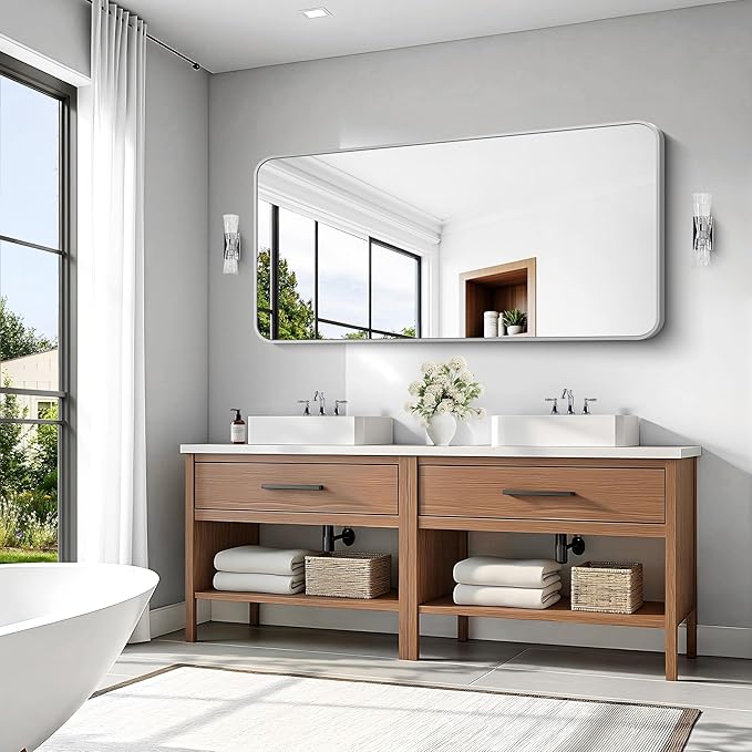 KOCUUY Silver Bathroom Mirror, 60x30 Inch Large Bathroom Mirror for Over Sink, HD Tempered Glass, Anti-Rust Brushed Silver Frame, Rounded Corner Modern Design for Bathroom, Hang Horizontal/Vertical