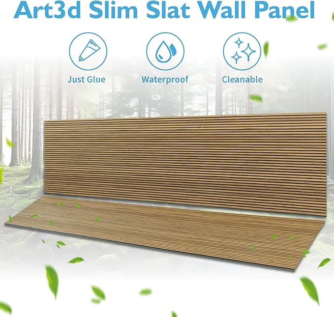 Art3d 4-Pack Glue-On Fine Bar Wainscoting Panel for Interior Wall Decor - 104 x 12 Inch Polystyrene Ultralight Slim Slat Wall Panels for Living Room Bedroom, Teak