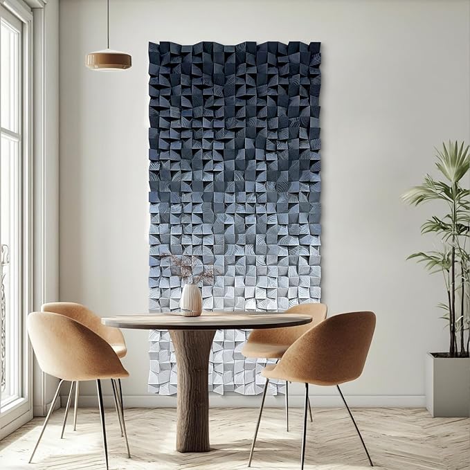 LIUZEYUE - 3D wooden block decoration painting art wall decoration 3D wooden background wall living room bedroom study (blue gray gradient) 31.5"x63"