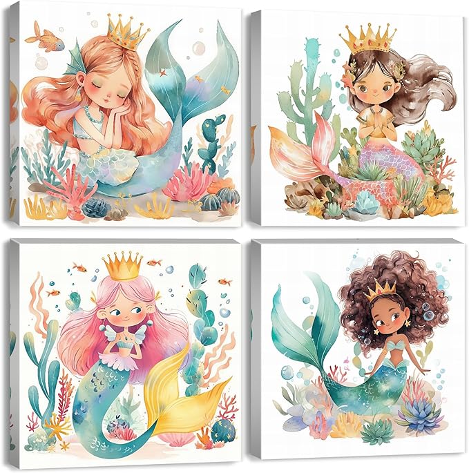 Nursery Room Mermaid Wall Art Girls Bathroom Mermaid Princess Pictures Girly Bedroom Decor Cute Succulent Underwater World Ocean Life Painting Canvas Print Baby Kids Playroom Home Decoration 12×12" 4P