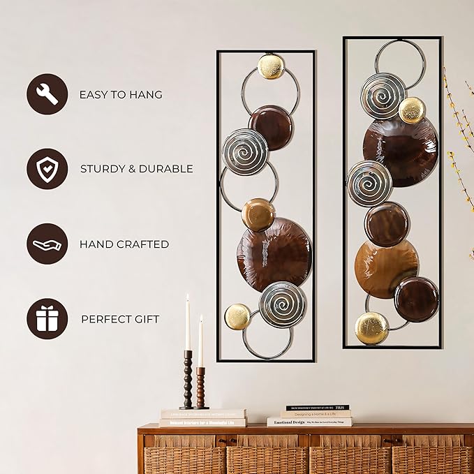 LuxenHome Metal Wall Art, 2 Pieces Abstract Wall Décor Brown Metal Wall Decor, 36" x 12" Minimalist Wall Sculptures Decor for Home, Living Room, Bedroom, Dining Room