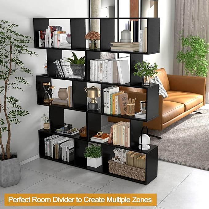 5 Tier Geometric Bookcase, S Shaped Bookshelf, Modern Decorative Storage Shelving, Wooden Room Divider Bookcase, 62.5" Tall Staggered Display Book Shelf for Living Room (1, Black)