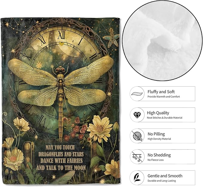 Mystical Dragonfly Fairy Throw Blanket, 60x80in, Soft, Lightweight Flannel,Celestial Vintage Clock, Yellow Flower Inspirational Quote Blankets, Gifts for Women, for Home Living Room Decor