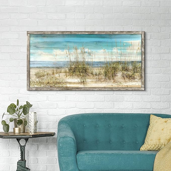 Beach Framed Wooden Wall Art: 48"x24" Coastal Theme Painting Ocean Artwork Seaside Sand Dunes Picture Prints for Home Decor