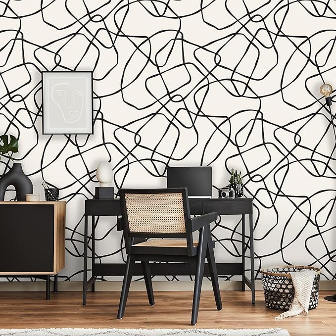 Abstract Minimalistic Peel and Stick Wallpaper | Removable Self Adhesive Geometric Mural | Natural Boho Lines (1 roll 24" W x 48" H)