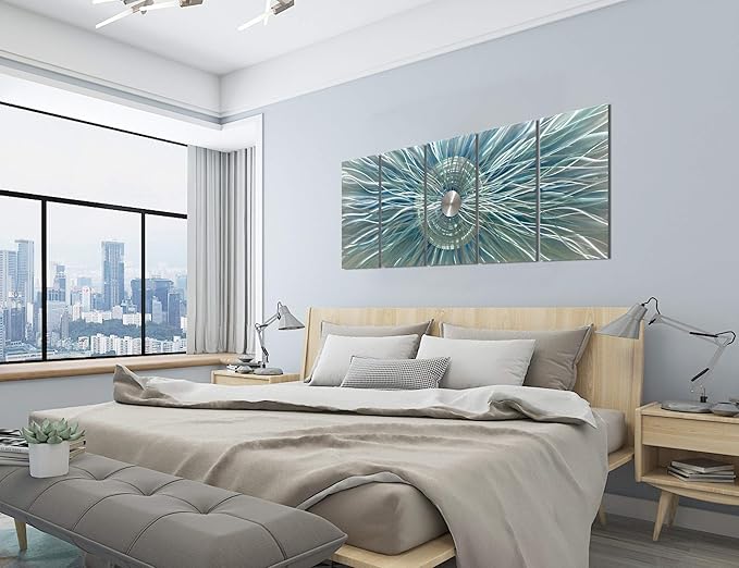 BATRENDY ARTS Abstract Metal Wall Art Aqua and Silver Aluminium Painting Modern 3D Teal Sculpture for Livingroom Bedroom