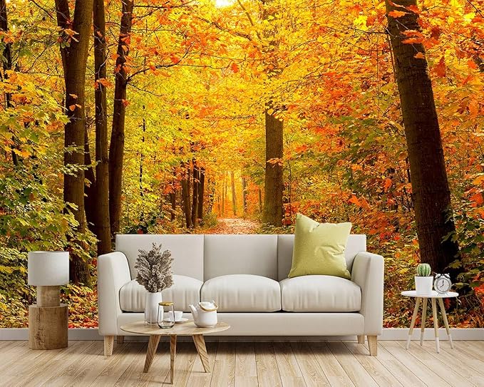 -Autumn Gold Forest Jungle Tree Fabric Wallpaper Living Room Bedroom Bathroom Woodland Scenery Large Wall Mural- 137"x96"（ not Peel and Stick）