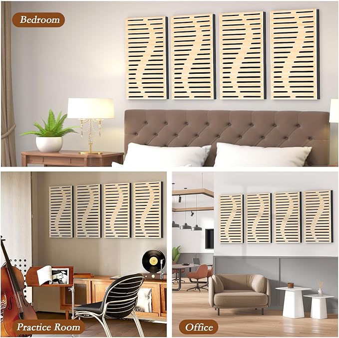 4Pack Acoustic Wall Panel Self-Adhesive Soundproof Foam Panels for Wall, 3D Perforated Tri-Layer Polyester Fiber Decorative Acoustic Insulation for Recording Studio, Office, 24×12×1.78", Regular-Line