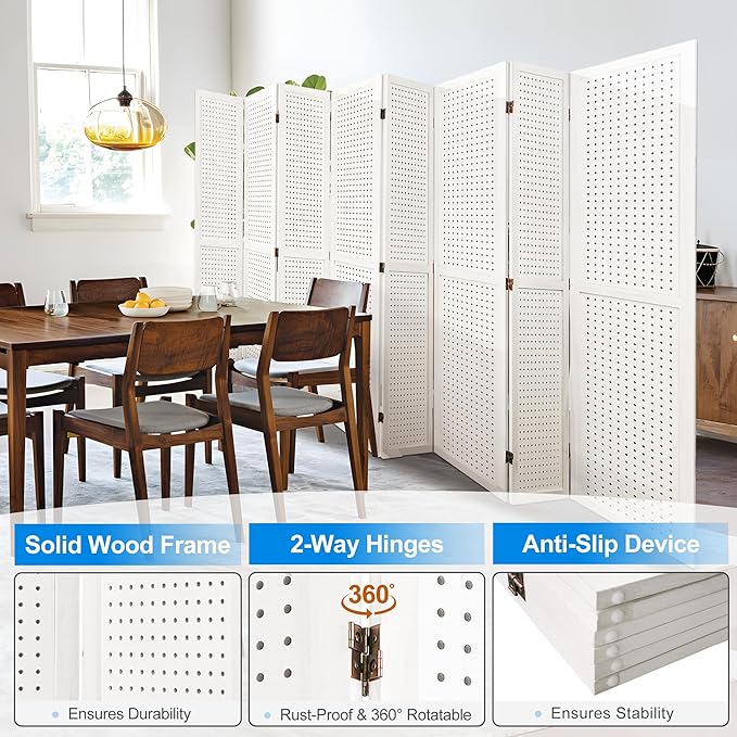 2 PCS Room Dividers 8 Panel Pegboard Display 5.6FT Wood PegBoard Room Divider, Folding Privacy Screens Portable Freestanding Partition Wall Divider for Art Shows & Room Separation, White