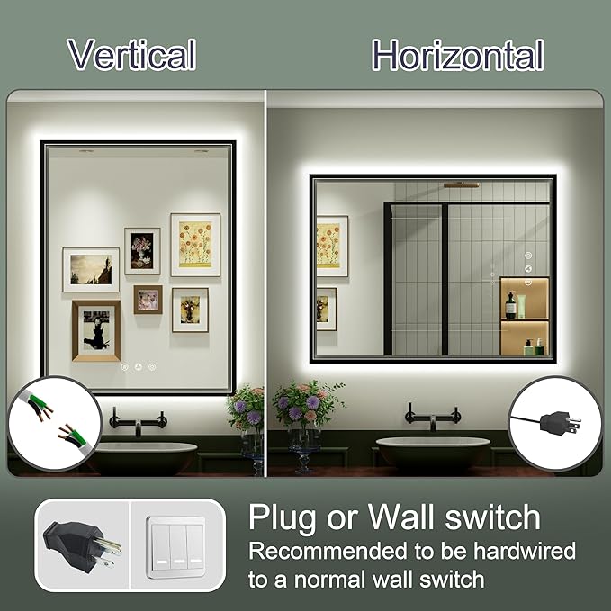28x36 Inch Black LED Bathroom Mirror with Front & Back Ligths, Adjustable 3000K/4500K/6000K, Lighted Bathroom Vanity Mirror, Memory, Dimmable, Anti-Fog, Wall Mounted, Horizontal/Vertical