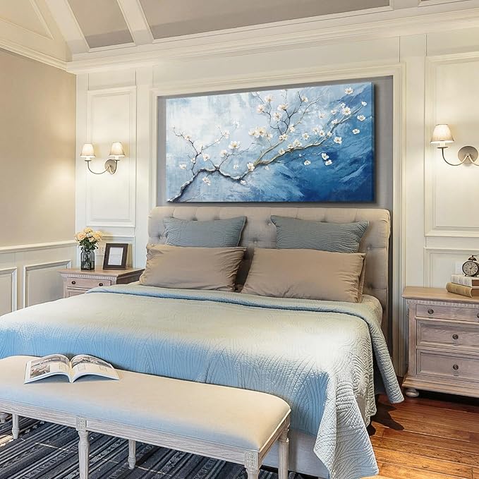 Nicetop Extra Large Canvas Art Wall Decor - Plum Blossom Art Prints - Oversized Abstract Sky Ocean Floral Botanical Artwork, Big Wall Picture Modern Coastal Home Bedroom Living Room Office 58x29 Inch