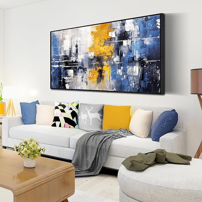 Abstract Paintings Canvas Wall Art - Blue Pictures Wall Decor - Framed Wall Art for Living Room Ready to Hang Size 29" x 59"