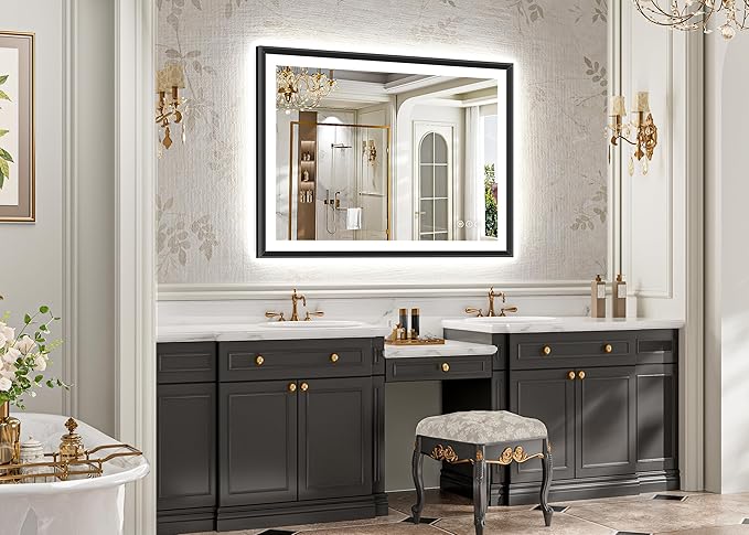 44x32 Black Framed Led Bathroom Mirror with Lights, Front Lit and Backlit, Lighted Vanity Mirror for Bathroom Wall, Anti-Fog, Dimmable, 3 Colors, Memory, HD Tempered Glass