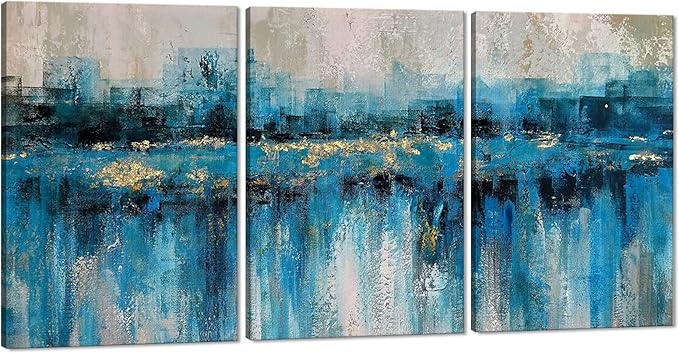 MAMAGO Large Abstract Gold Foil Lake View Canvas Print Poster Modern City painting Living Room Bedroom Artwork Framed Easy to Hang-24”W x 36”Hx3pcs