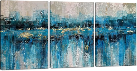 MAMAGO Large Abstract Gold Foil Lake View Canvas Print Poster Modern City painting Living Room Bedroom Artwork Framed Easy to Hang-24”W x 36”Hx3pcs