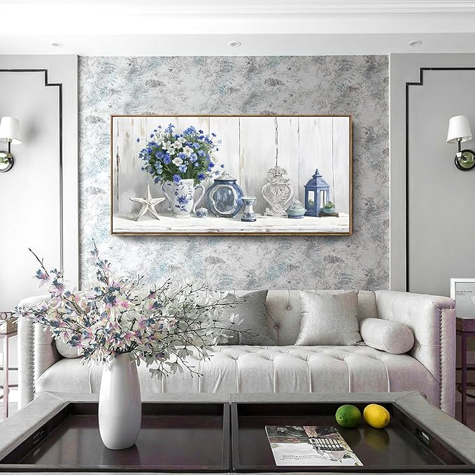 Nicetop Large Framed Artwork for Walls – Coastal Rustic Farmhouse Art Prints Blue and White Floral Canvas Art Vintage Country Shabby Chic Wall Picture for Living Room Bedroom Kitchen Dining 48x24 Inch