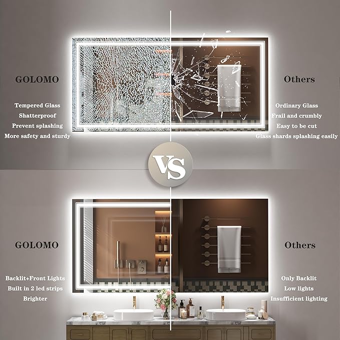 24x36 LED Bathroom Mirror with Lights, LED Dimmable Vanity Mirror for Wall, Backlit and Front Lighted Mirror, Anti-Fog, Shatterproof (Horizontal/Vertical)