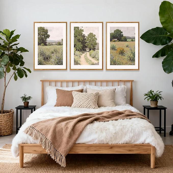 CHDITB Rustic Landscape Framed Canvas Wall Art Set, Nature Inspired Wall Decor, Countryside Path Artwork Spiritual Painting, Vintage Art Prints for Living Room, Bedroom, Office 24"x36"x3