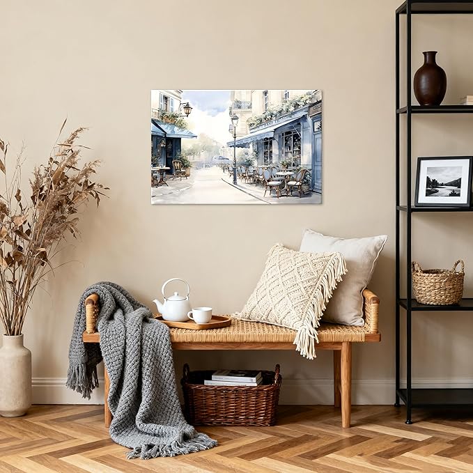 Modern Framed Street View Wall Art European Coffee Shop Canvas Print, Contemporary City Scene Painting, Vintage Cafe Artwork for Kitchen Dining Room Living Room, Bedroom Home Decor, Multi Size