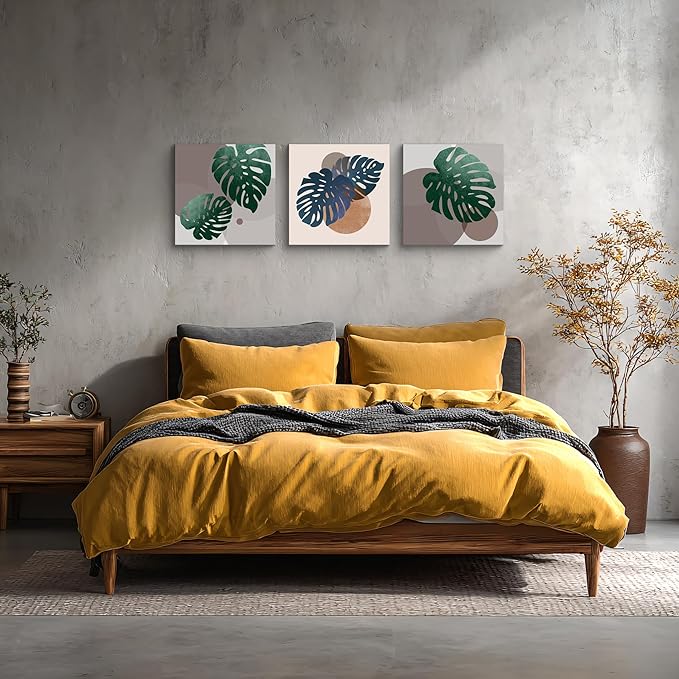 NAN Wind 3Pcs Tropical Leaf Wall Art Palm Frond and Foliage Canvas Print with Bold Orange Teal Yellow Shapes Mid-Century Modern Botanical Plant Pictures for Boho Living Room Bedroom Office Wall Decor