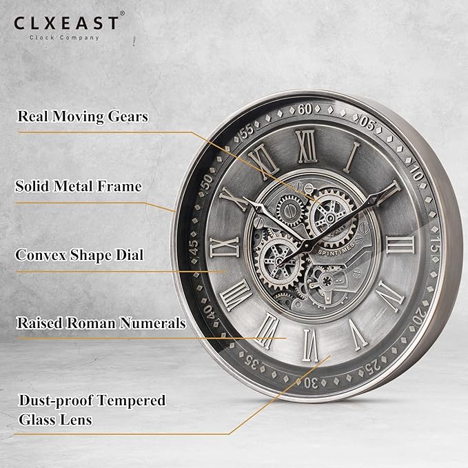 CLXEAST 24 Inch Large Moving Gear Wall Clock for Living Room Decor, Antique Silver Metal Roman Numerals Wall Clocks for Home Office