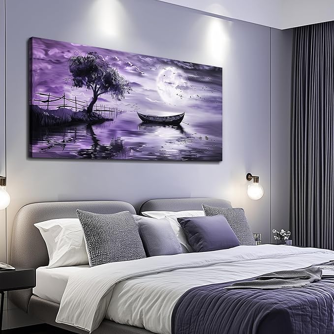 KELIYUAN Large Canvas Wall Art For Living Room Framed Wall Decor For Office Bedroom Decoration Landscape Pictures Purple Lake View Wall Painting Artwork Hotel Room Ready To Hang Home Decor 30x60 In