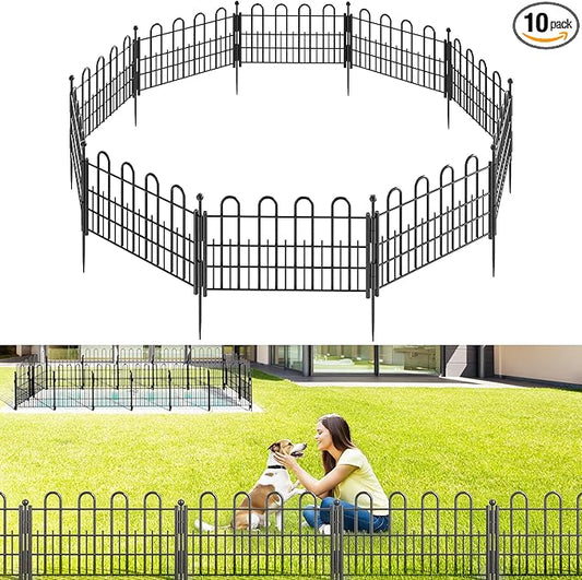 Bepatio Decorative Garden Fence Animal Barrier with Gate, 11.8in (H) x 16ft (L) 10 Panels Dog Fence Outdoor for Yard, Heavy Duty Metal Fence Border, Flower Bed, Easy Setup, Black