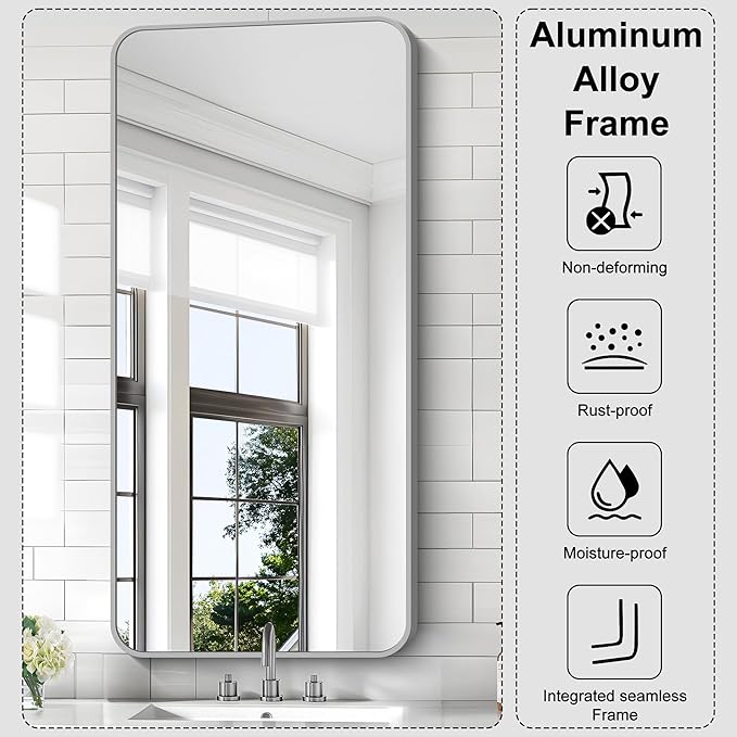 KOCUUY Silver Bathroom Mirror, 24x48 Inch Bathroom Mirror for Over Sink, HD Tempered Glass, Anti-Rust Brushed Silver Frame, Rounded Corner Modern Design for Bathroom, Hang Horizontal/Vertical