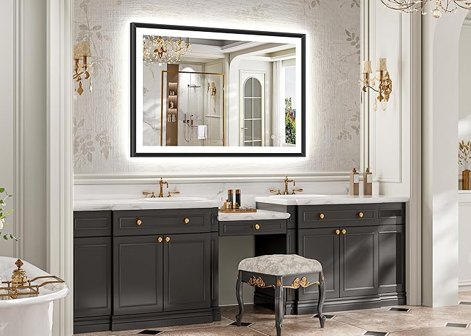 48x32 Black Framed Led Bathroom Mirror with Lights, Front Lit and Backlit, Lighted Vanity Mirror for Bathroom Wall, Anti-Fog, Dimmable, 3 Colors, Memory, HD Tempered Glass