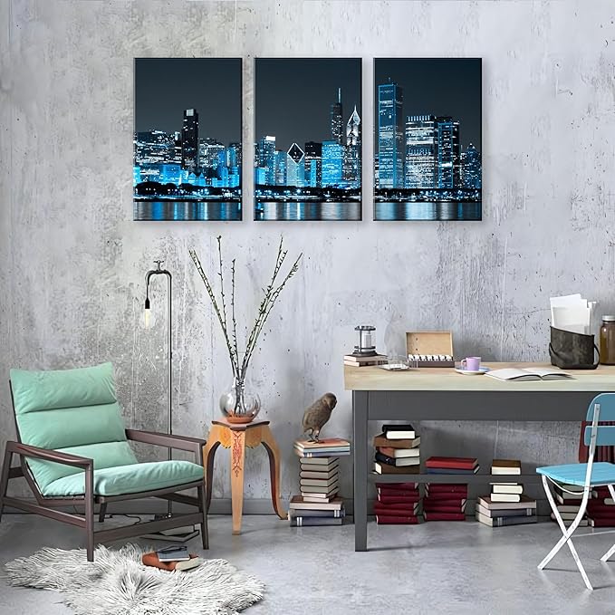NAN Wind Modern Office Decor Chicago Skyline Canvas Art Chicago City Center Skyline Canvas Prints Cityscape Wall Decorations Blue Wall Decor for Living Room Pictures for Bedroom Decorations