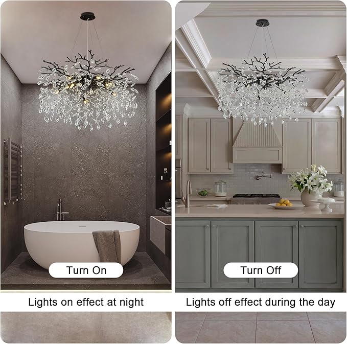 Modern Crystal Chandelier, 31.5" Black Chandeliers for Dining Room, 10 Lights Tree Branch Chandelier Lighting Fixtures Ceiling Hanging, Round Flower Chandeliers for Bedroom Entryway Foyer