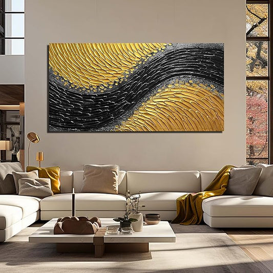 Black and Gold Abstract Painting Wall Decor for Living Room Modern 3D Hand Painted Wall Art for Office Extra Large Wall Art Bedroom Size 36 x 72 Inch