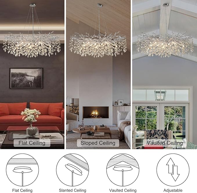 47" Silver Crystal Chandelier, 18-Light Modern Tree Branch Chandelier, Luxury Round K9 Crystal Raindrop Chandeliers for Dining Room, Living Room, Foyer, Entryway, Bedroom, Contemporary Light Fixture