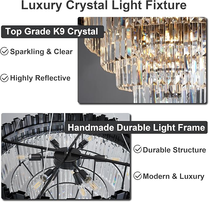 5-Tier 27.5" Black Chandelier, 9-Light Modern Crystal Chandelier, Luxury Round K9 Crystal Chandeliers Pendant Light Fixture for Dining Room, Living Room, Bedroom, Foyer, Entryway, Kitchen, Restaurant