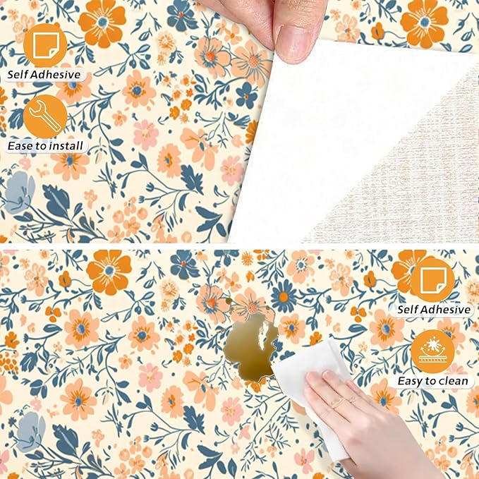 Nuxovilar Orange Grey Floral Mosaic Textured Peel and Stick Wallpaper, 15.75"x39.37", Self-Adhesive Contact Paper, Artistic Tile-Look Pattern for Bedroom, Living Room and Table Decor