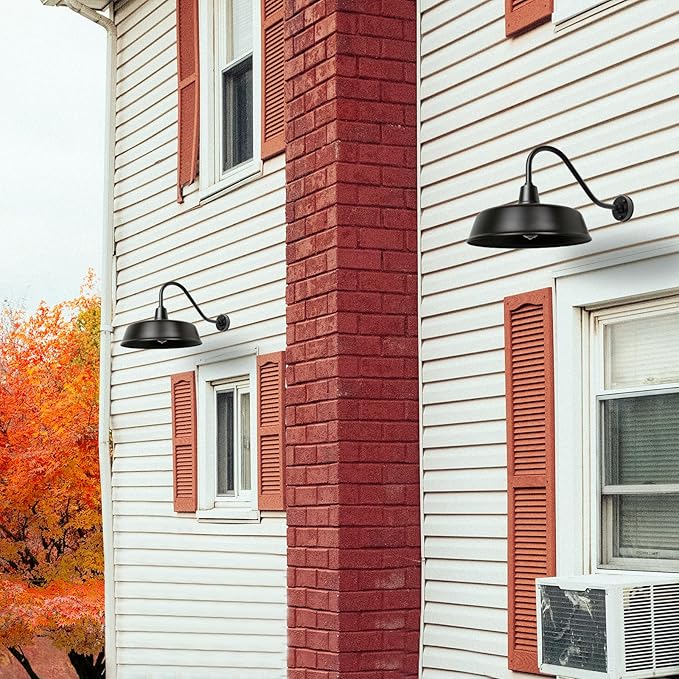 Outdoor Gooseneck Barn Light - 18 inch Farm Style Black Large Lighting Exterior Fixture Sconce Wall Lights for Farmhouse, Dusk to Dawn Sensor Front Door Porch Garage Patio (2PCS