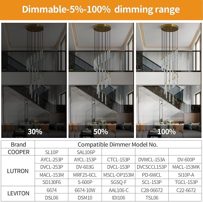 24-Light Modern Living Room Chandelier Gold Brass Finish Crystal Ceiling Pendant Lights LED Dimmable 144W 6000K Staircase Large Chandeliers for Entryway Lobby Foyer High Ceiling Chandeliers