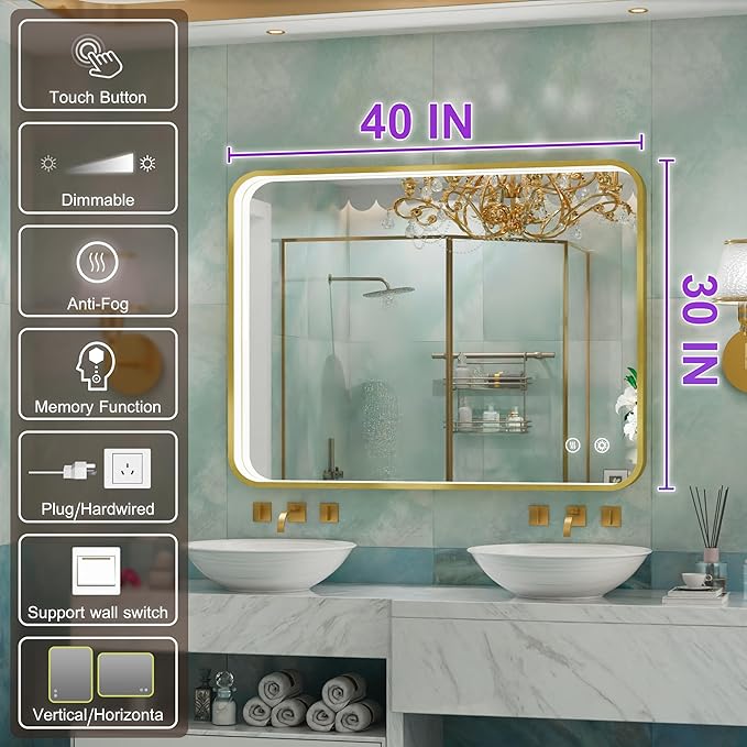 40x30 Inch Gold LED Mirror for Bathroom with Lights, Wall Mounted Lighted Bathroom Vanity Mirrors, Anti-Fog, Memory Funtion, Stepless Dimmable, Horizontal or Vertical