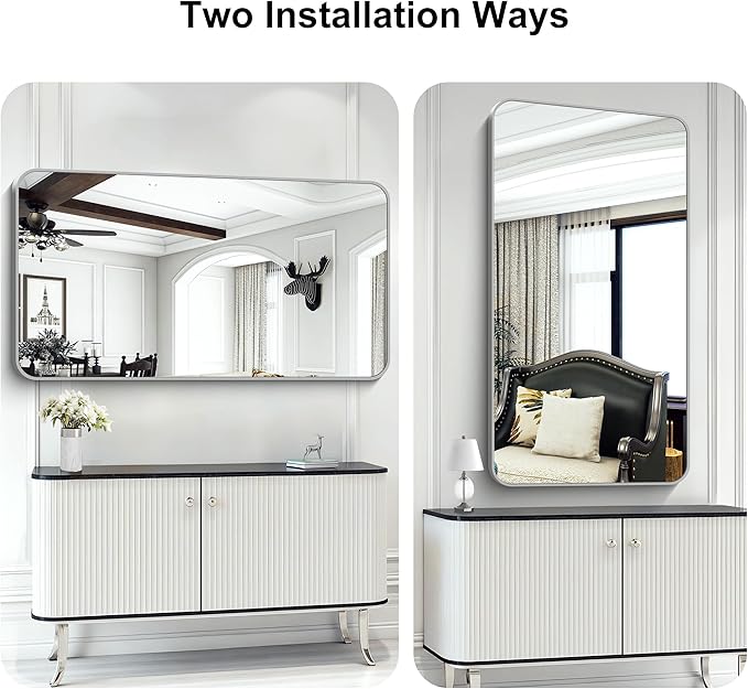 KOCUUY Silver Bathroom Mirror, 30x55 Inch Bathroom Mirror for Over Sink, HD Tempered Glass, Anti-Rust Brushed Silver Frame, Rounded Corner Modern Design for Bathroom, Hang Horizontal/Vertical