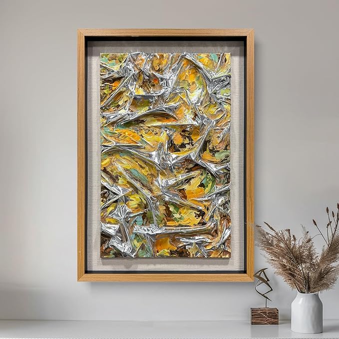 BrightA Textured silver leather abstract art - vibrant spray-painted fluid colors (yellow/orange/green) with solid wood frames, modern wall sculptures, contemporary living room 27.5"x 39.4"