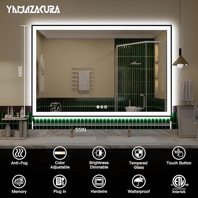 55x36 Large Light Bathroom Mirror - Backlit and Front Lighted LED Wall-Mounted Vanity Mirror Modern Rectangle Black Mirror, Dimmable, Anti-Fog, Memory, Shatterproof, ETL Listed (Horizontal/Vertical)